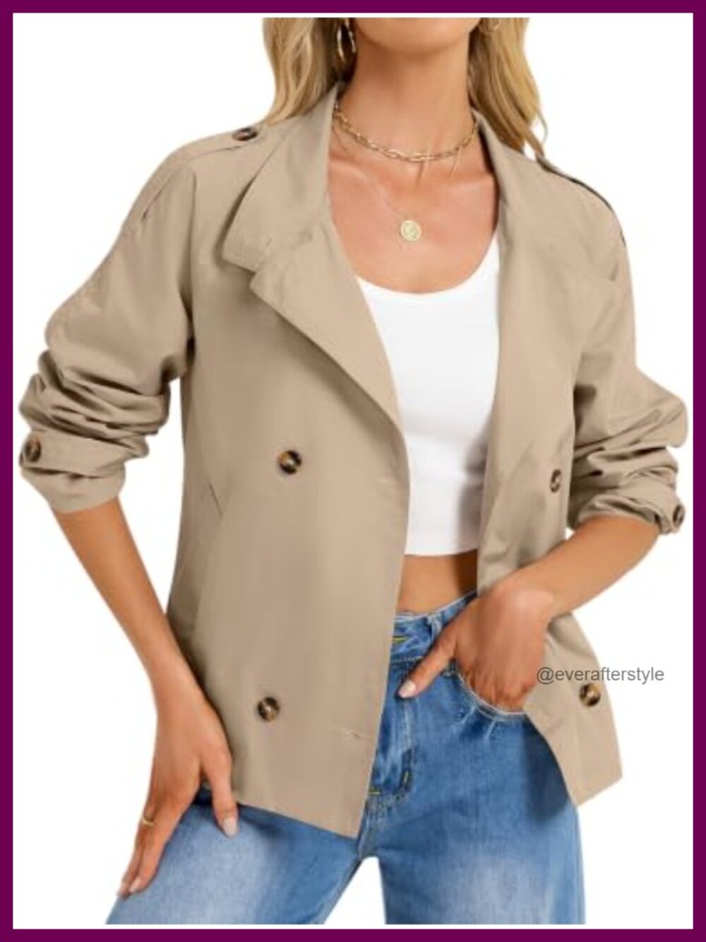 Womens Cropped Trench Coat Double Breasted Belted High Collar Jacket